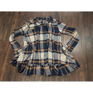 Free People Shirt‎ Womens Small Navy Plaid Ruffle Hem Button Tunic OB412734